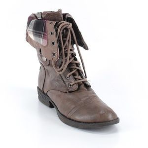 Combat boots with plaid detail.